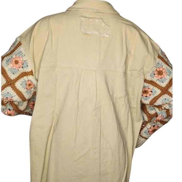 NWT Bibi Cream Crochet Sleeve Shacket Modern Vintage Cozy Statement Medium - Picture 7 of 10